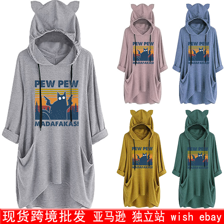 新品亚马逊独立站ebay站女装连帽卫衣PEW PEW MADAFAKAS猫