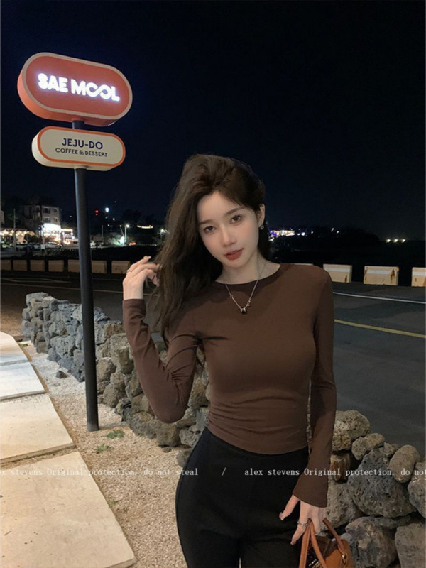 辣妹掐腰长袖T恤女2025新款修身显瘦百搭打底衫女装百搭网红上衣|undefined