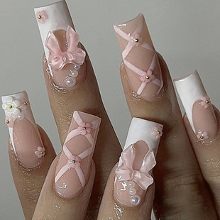 Cross-Border Best-Selling Sweet and Cute Manicure Pieces White French Bow Lines Flowers Pearls Wearable Nails Wholesale