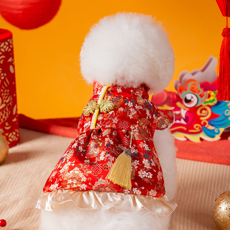 Otoño e invierno perro cien flores borlas vestido de traje Tang gato de dos pies año nuevo festivo año nuevo falda ropa para mascotas