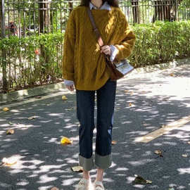 百搭2025款网红款毛衣宽松慵懒风毛衣女圆领套头图片色有吊牌兔毛