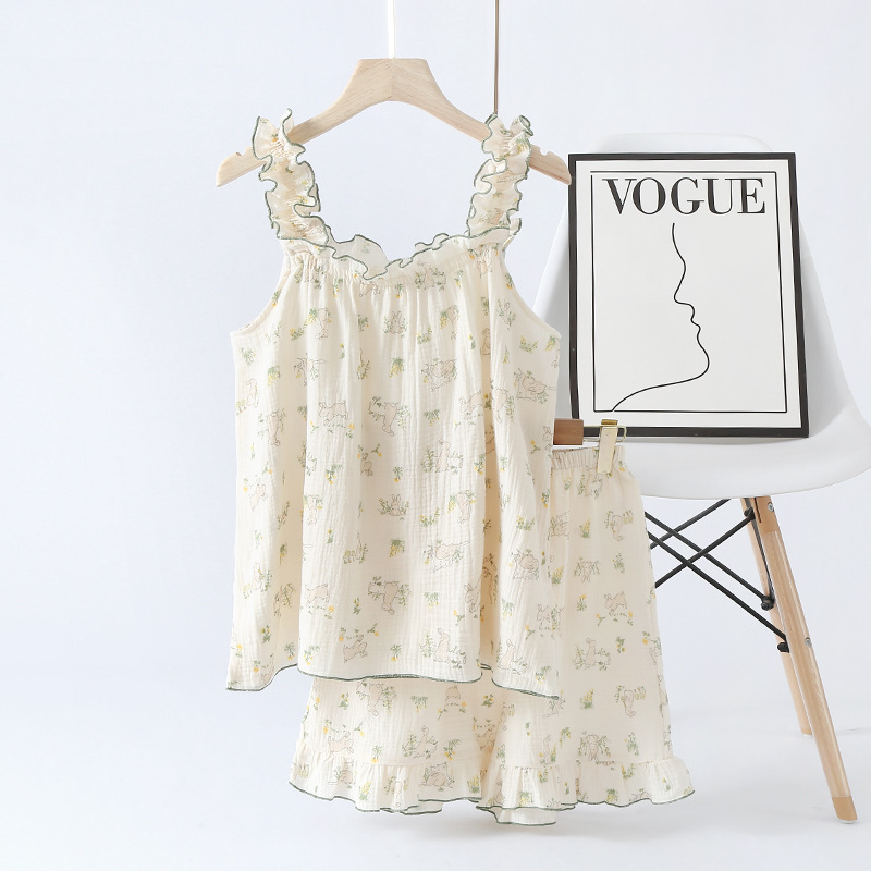 여자의 여름 순면 얇은 달콤한 슬링 잠옷 조끼 세트 잠옷 가정 옷 투피스 세트