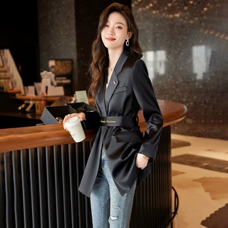 中长款黑色西装外套女春秋2025新款气质感大码职业收腰西服春