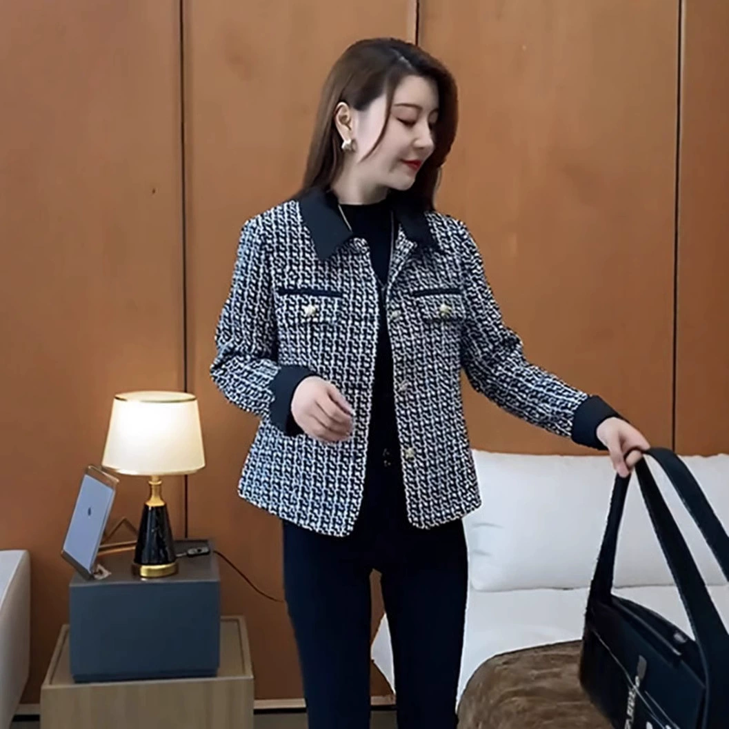 Весенний жакет в стиле Chanel от XinxinJia для мам, городской/западный крой, бордовый или черно-белый, размеры L-4XL