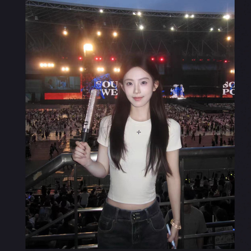 Sk Body Shaping Skin Short Tee Cross Flower Round Neck Slim Sports Casual Short-Sleeved T-Shirt Top 025 Summer