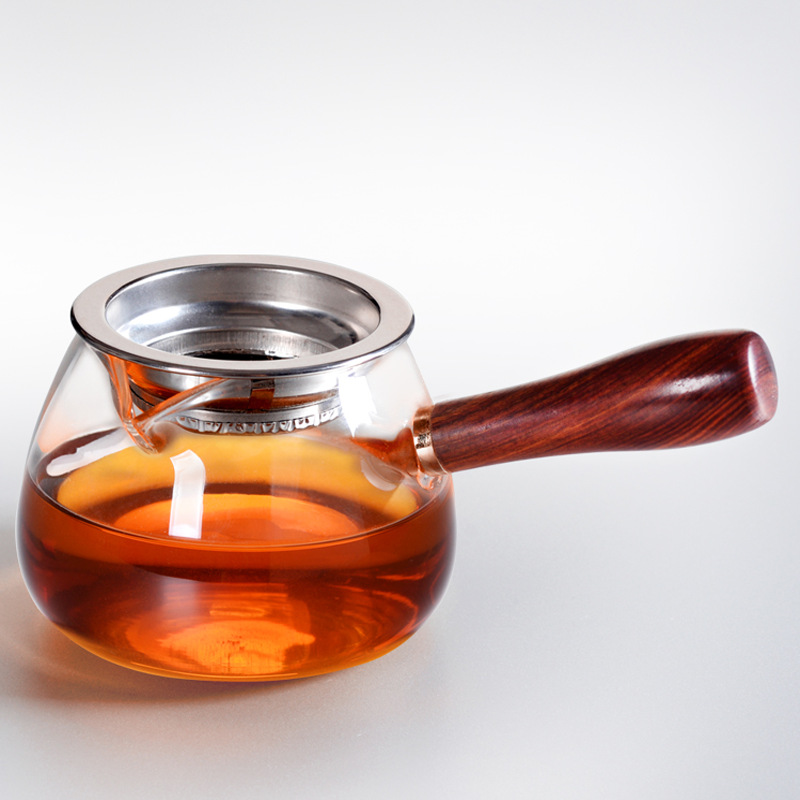 Wholesale Factory Transparent Wood Handle Glass Gaiwan Tea Set Tea Pourer Thickened Heat Resistant Household Side Handle Glass Cup
