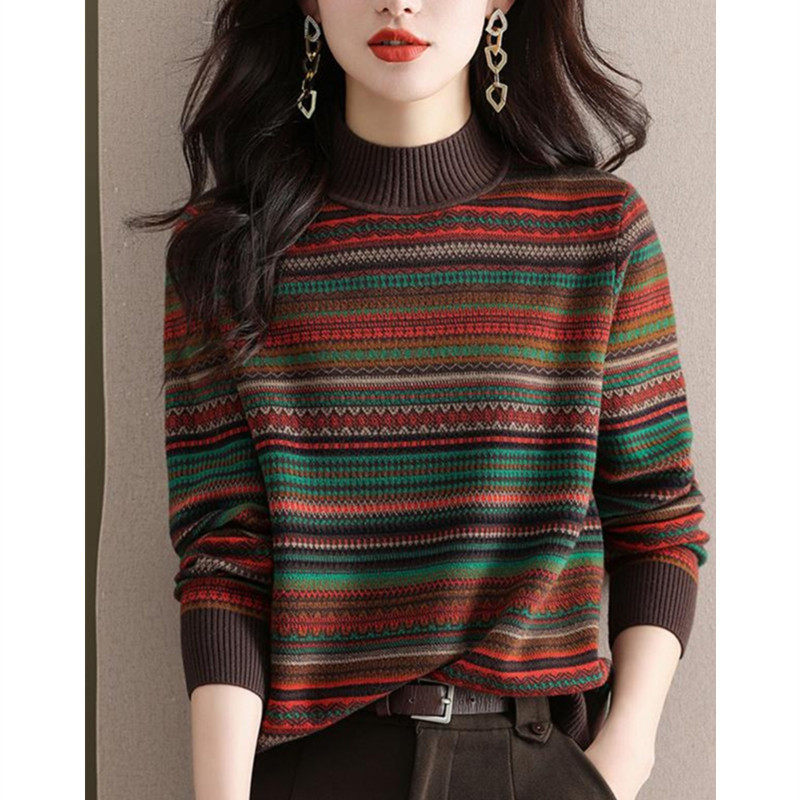Retro striped half-high collar knit sweater for women, new autumn and winter stylish versatile base shirt, striped age-reducing top Retro striped half-high collar knit sweater for women, new autumn and winter stylish versatile base shirt, striped age-reducing top
