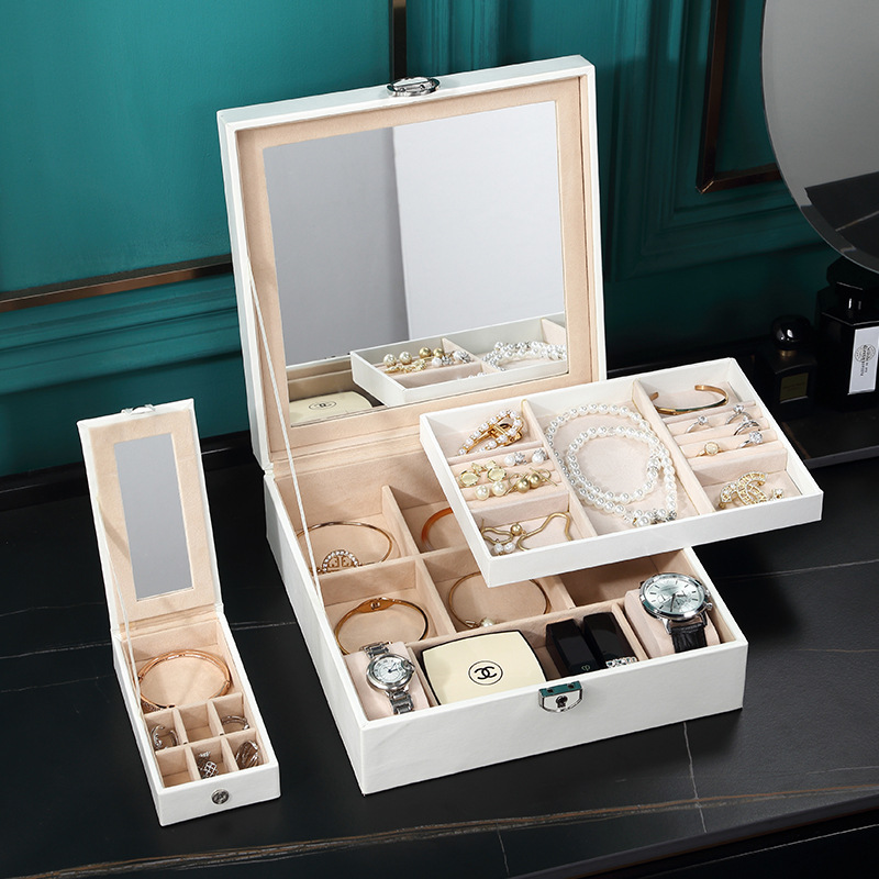 Caja de joyería de lujo ligera, caja de almacenamiento grande de PU, caja de joyería de alta gama con bordado, tipo cajón, para guardar pendientes y joyas.