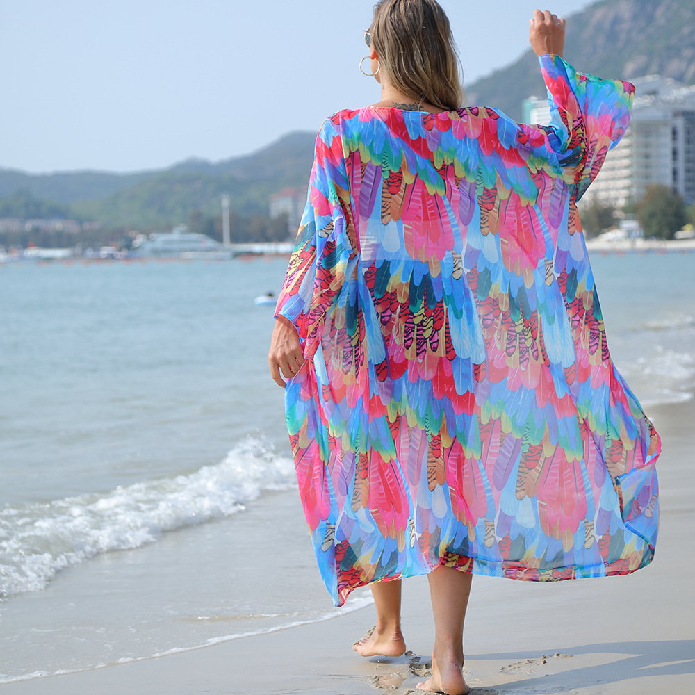 Blusa de playa europea y americana gasa impresa suelta vacaciones protector solar cardigan bikini blusa traje de baño chaqueta XF11