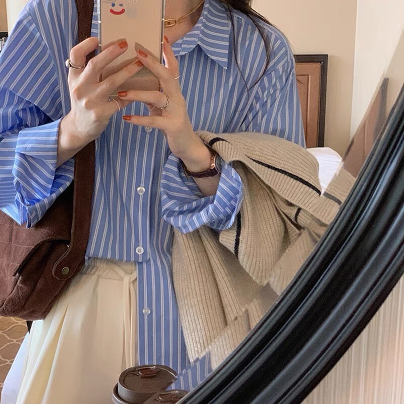 High-End Blue Stripesd Shirt 1688 Autum New Korean Design Casual Versatile Casual Long-Sleeved Shirt