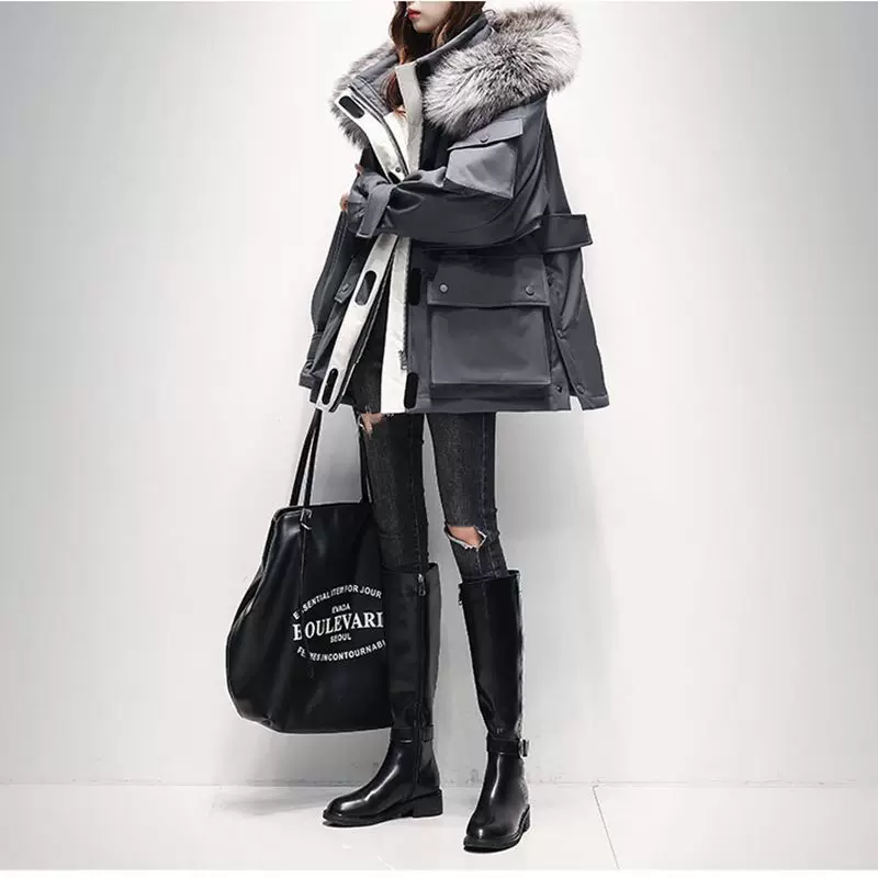 Long velvet down jacket, duck down, 2024, removable silver‑fox fur option