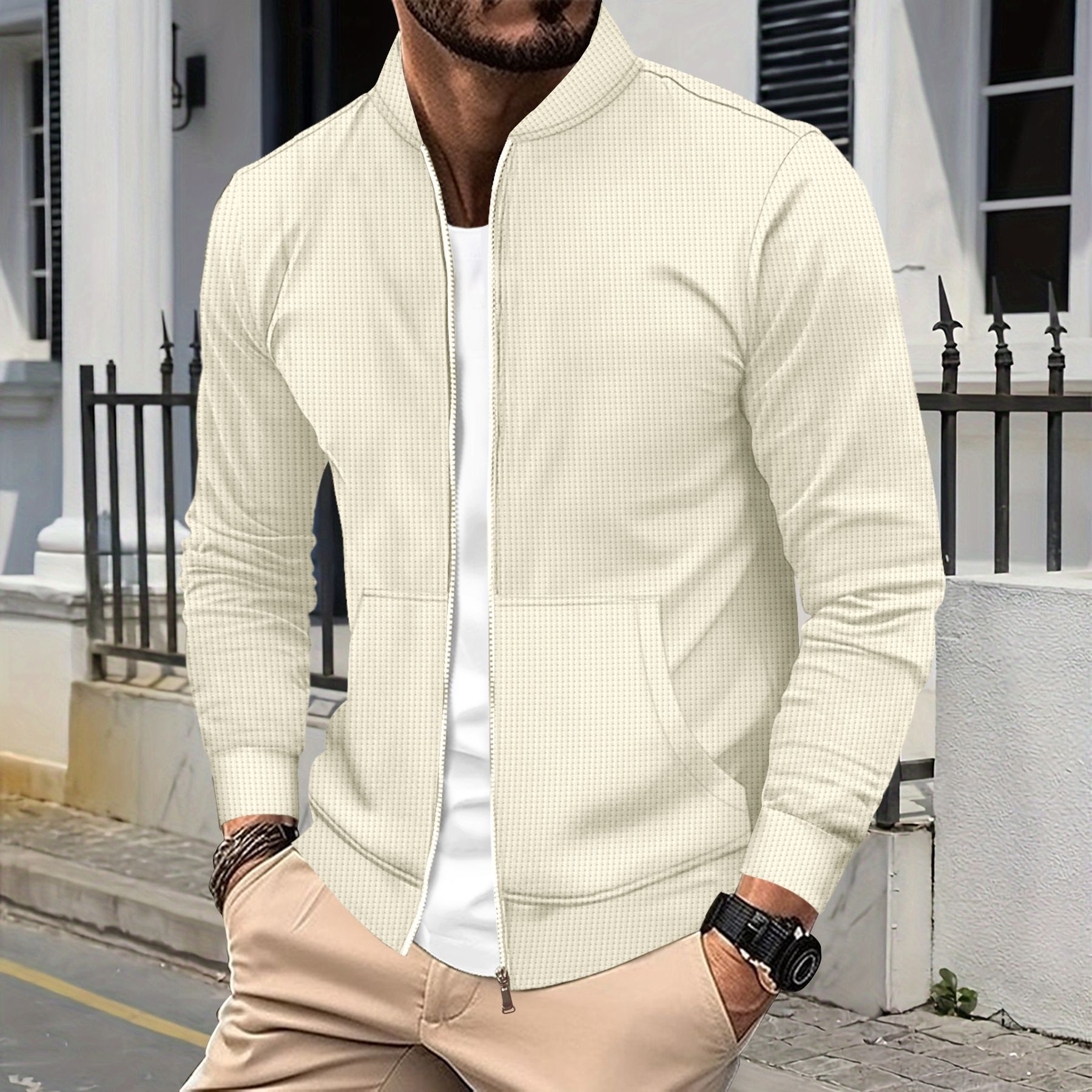 Herren-Baseballjacke mit langen Ärmeln, Waffelstrick, einfarbig, Reißverschlusstasche, europäisch-amerikanischer Stil, Frühling/Herbst_voghion.com