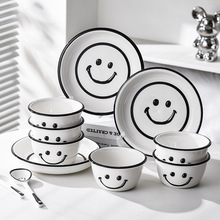 ins微笑餐具碗盤陶瓷飯碗面碗笑臉碗碟套裝碗三件套組合高顏值