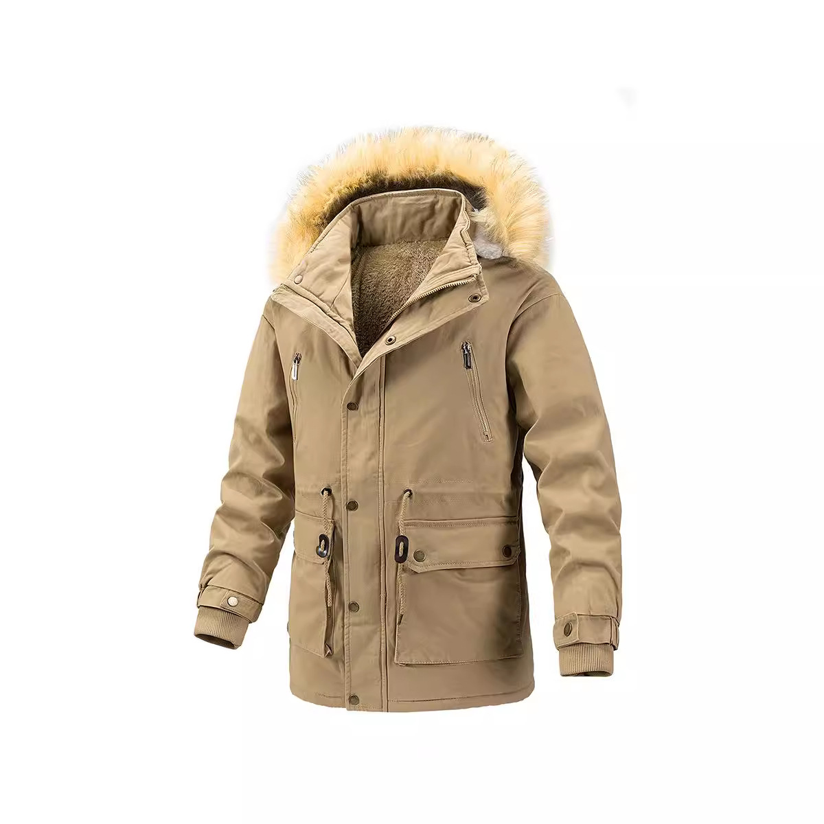 Transfronterizo AliExpress hombre cuello de lana desmontable algodón grueso calentamiento chaqueta de algodón largo y medio para hombre