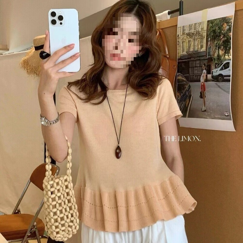 Pleated Knit Top for Women 2026 Green Tea Lim Lemon Lace T-Shirt Korean Style Short Sleeve Cross-Border in Stock