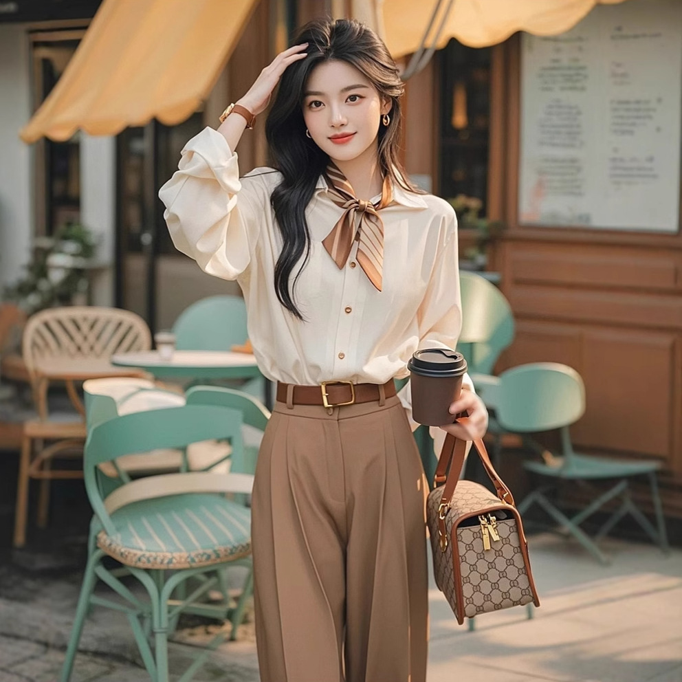 GraceChic 2025 Spring And Autumn Korean Version Ins Simple Apricot Long Sleeve Shirt Wide Leg Two-Piece Women's Professional Suit_voghion.com