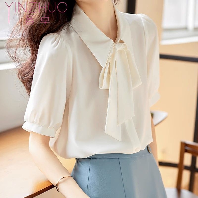 Chiffon White Short-Sleeved Ribbon Shirt for Women, Korean Style, Elegant, Professional, Versatile, Work Clothing Top, Fresh and Sweet