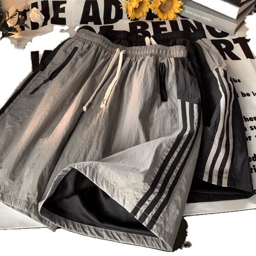 Quick-drying shorts, men's summer thin American retro large size ice silk pants, casual sports striped quarter pants