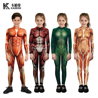 2025欧美跨境新款万圣节晚会肌肉3D数码印花圆领儿童表演服连体衣