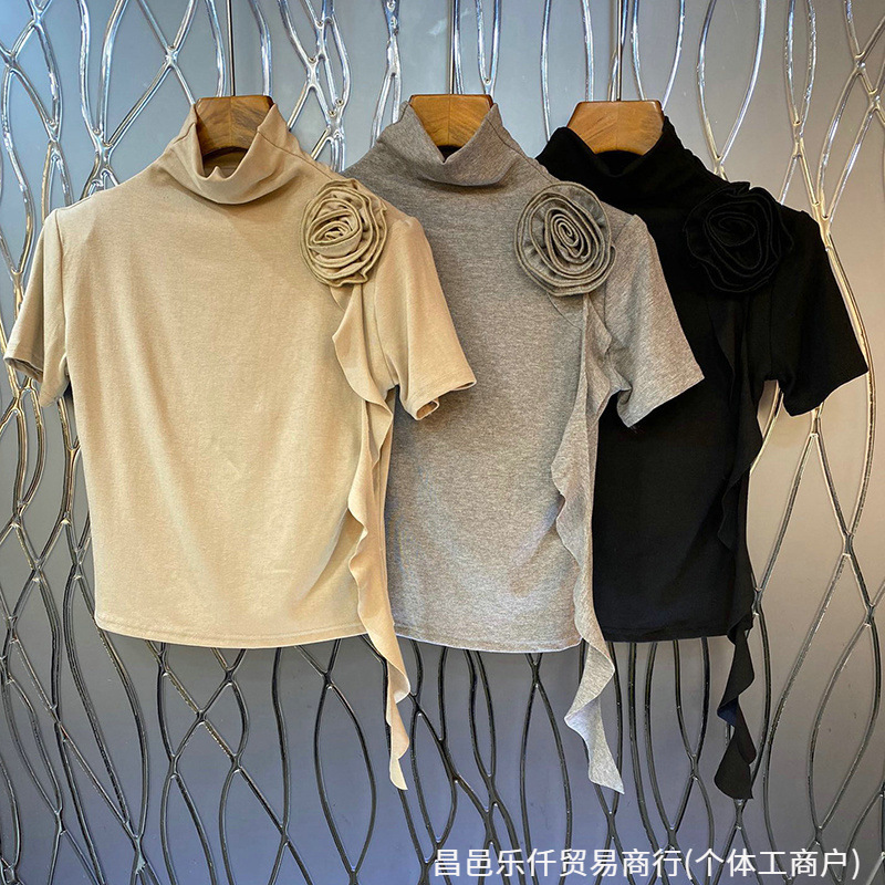 拜托小姐早秋新款恤女设计感立体盘花飘带高领短袖纯色气质