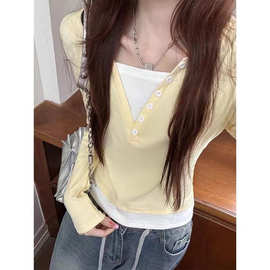 外贸拼色棉质长袖T恤女春秋修身韩版短款假两件上衣内搭打底衫