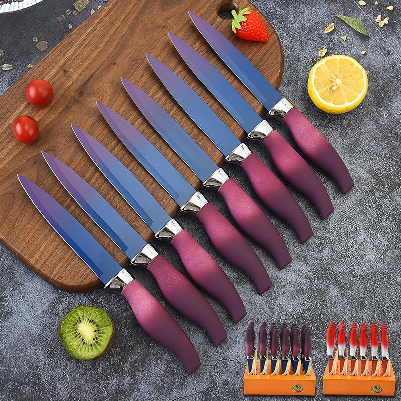 Fábrica de cuchillos de pulverización de acero inoxidable gran mango de abdomen color gradiente cuchillo universal cuchillo transfronterizo venta caliente conjunto de cubierta de cuchillo
