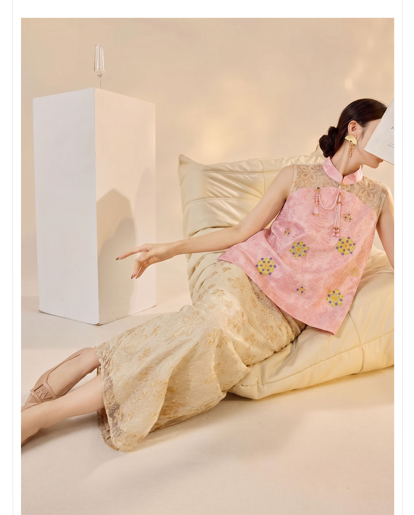 Bộ áo gile ren thêu hoa kết hợp chân váy midi phong cách Tân Trung Quốc mùa hè — bộ đồ, nửa váy, Trang chủ chi tiết 2