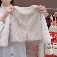【乐恩baby】女童冬季过年衣服杏色加绒外套灰色亮片半身裙套装