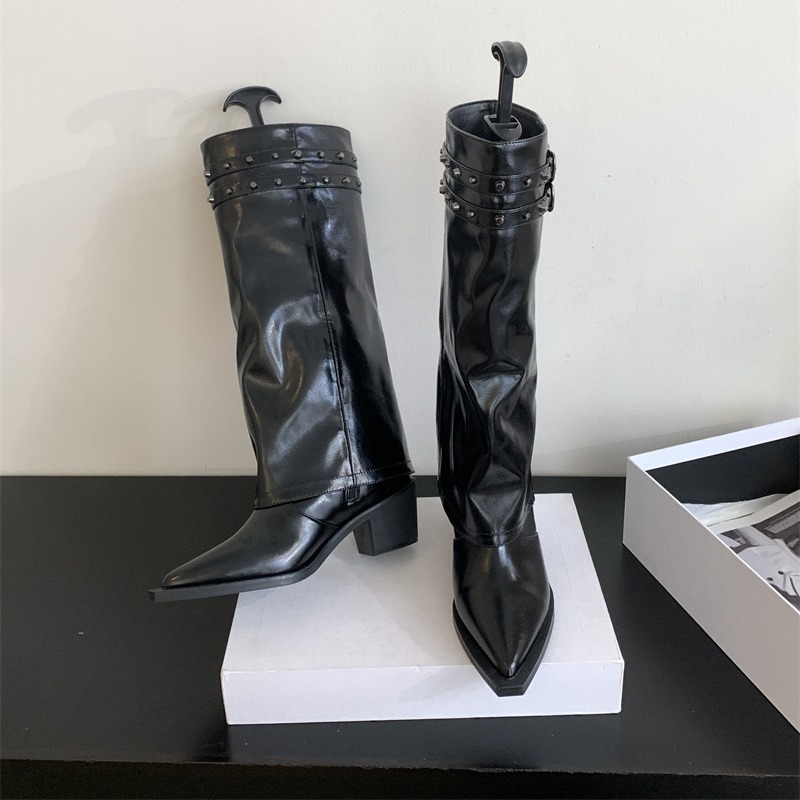 Autunno/Inverno 2024 Nuova Edizione Coreana Cintura a Punta Fibbia Tacco Spesso Tacchi Alti Lunghi Pantaloni Moda Stivali Alti Sopra il Ginocchio_voghion.com