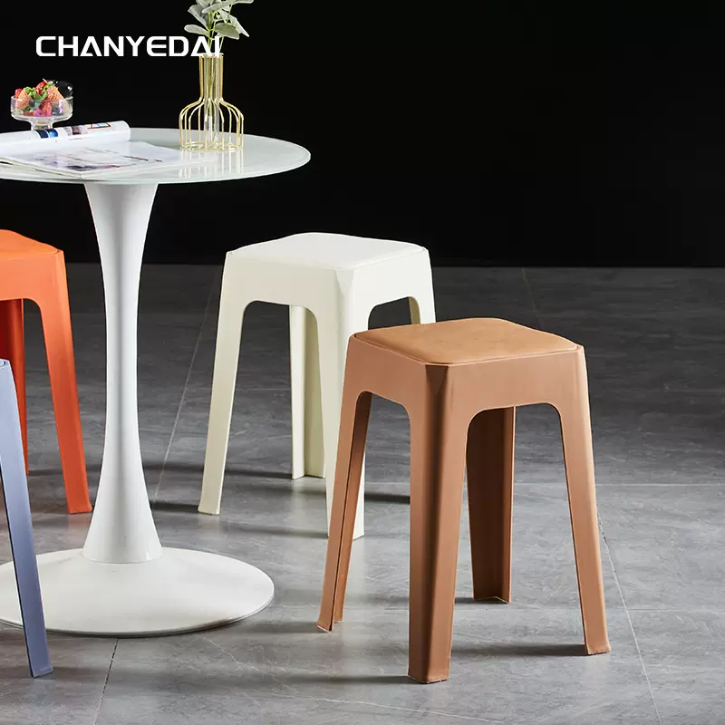 加厚塑料凳子可叠放家用特厚简约餐厅高凳软包座面网红椅子高脚凳