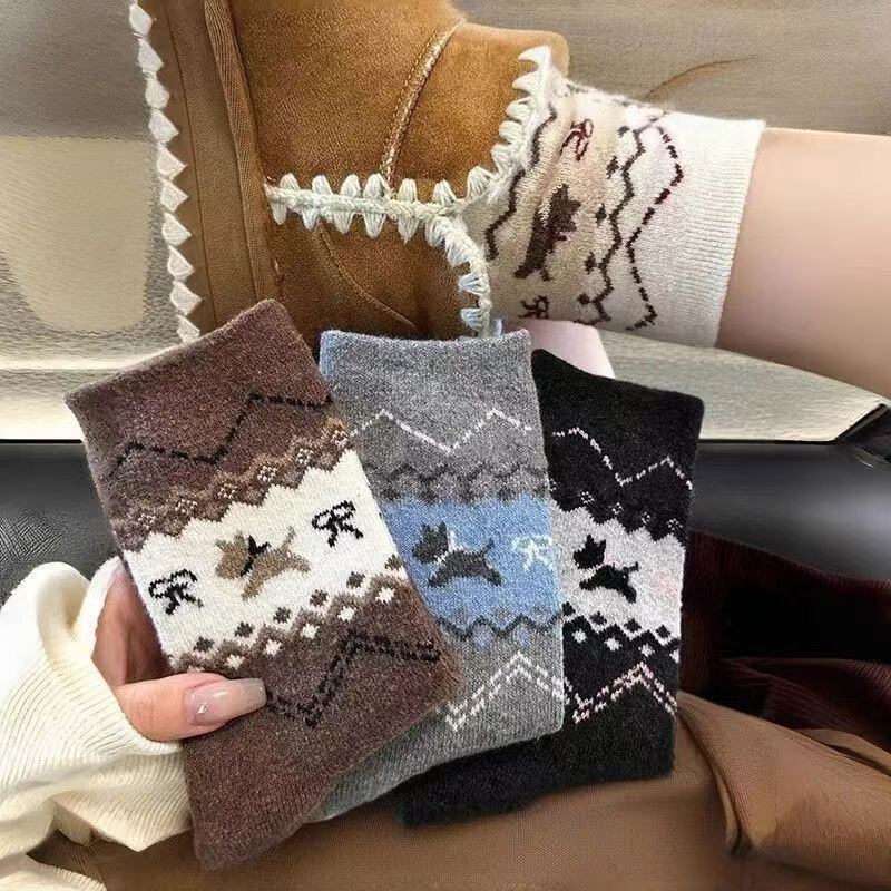 Fair Isle Puppy Bow Mid-Calf Socks Winter Thickened Warm Retro Christmas Style with Snow Boots Long Socks