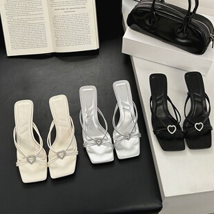 2025 Spring New Square Head Stiletto Open Toe Rhinestone Love Buckle Elegant Half Drag Women's Banquet Sandals