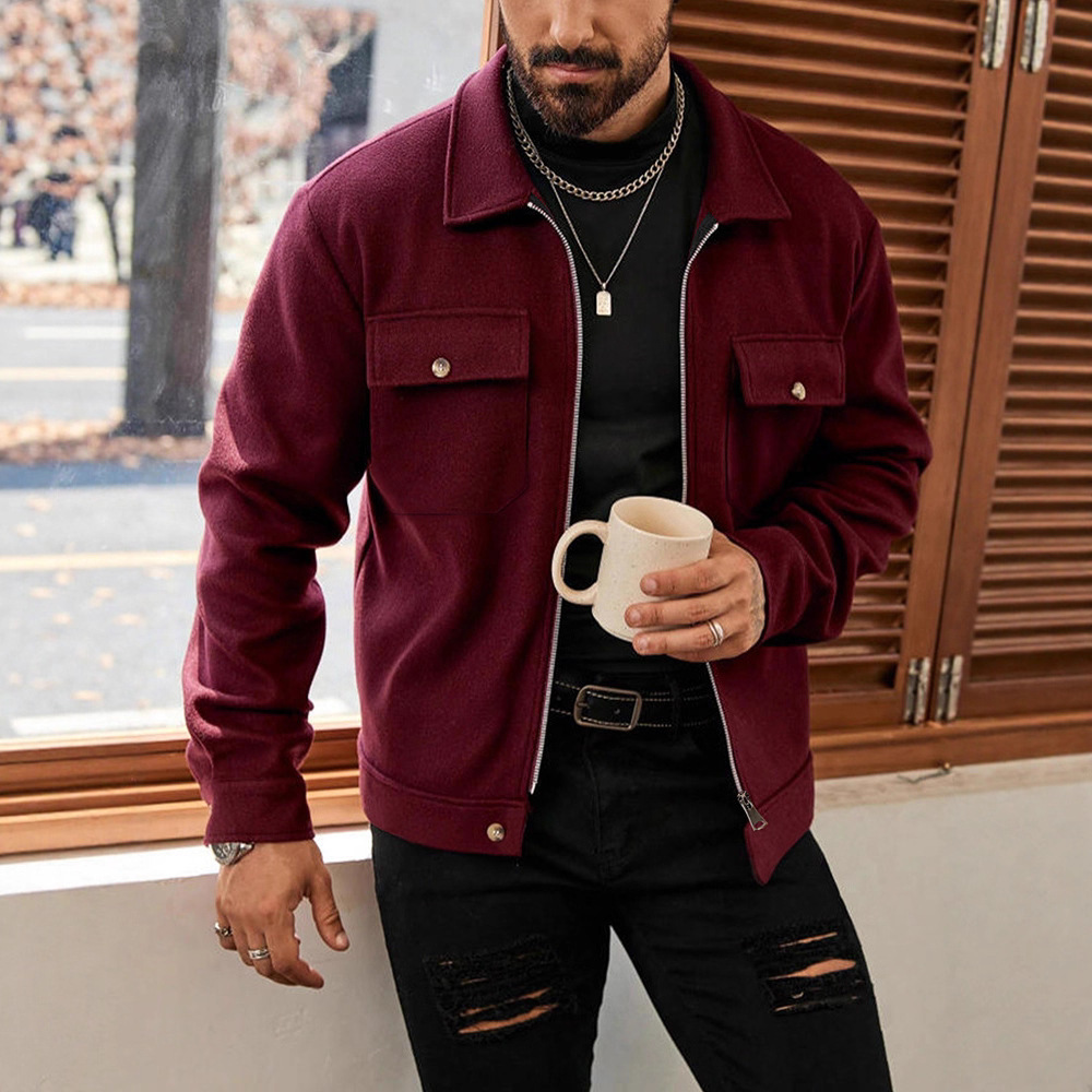 Amazon 2025 Autumn and Winter Cross-Border New European and American Men's Fashion High Street Woolen Zipper Jacket Jacket for Men