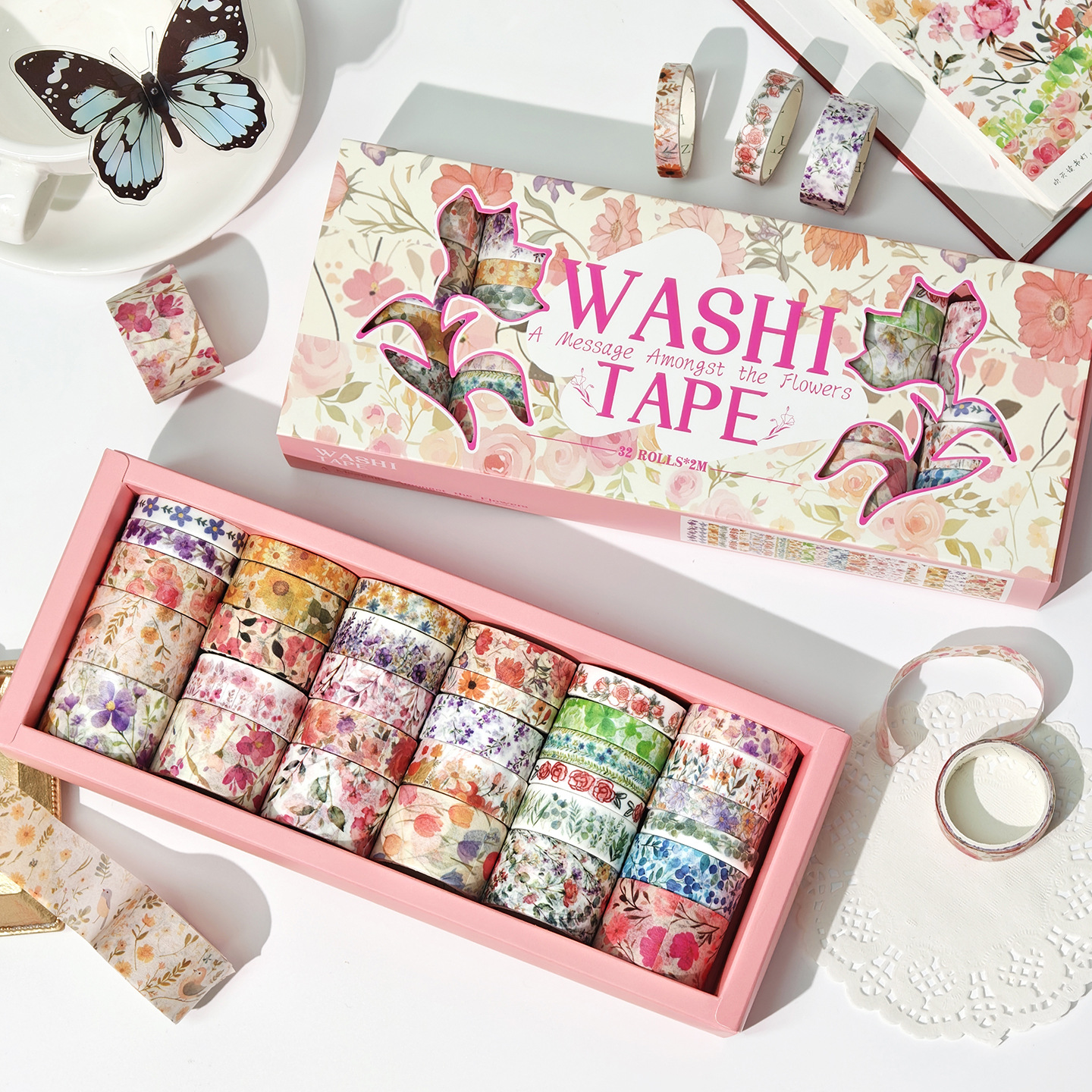Cinta Adhesiva de Papel Washi Decorativa Set de 32 Rollos con Diseño Floral para Bricolaje image 1