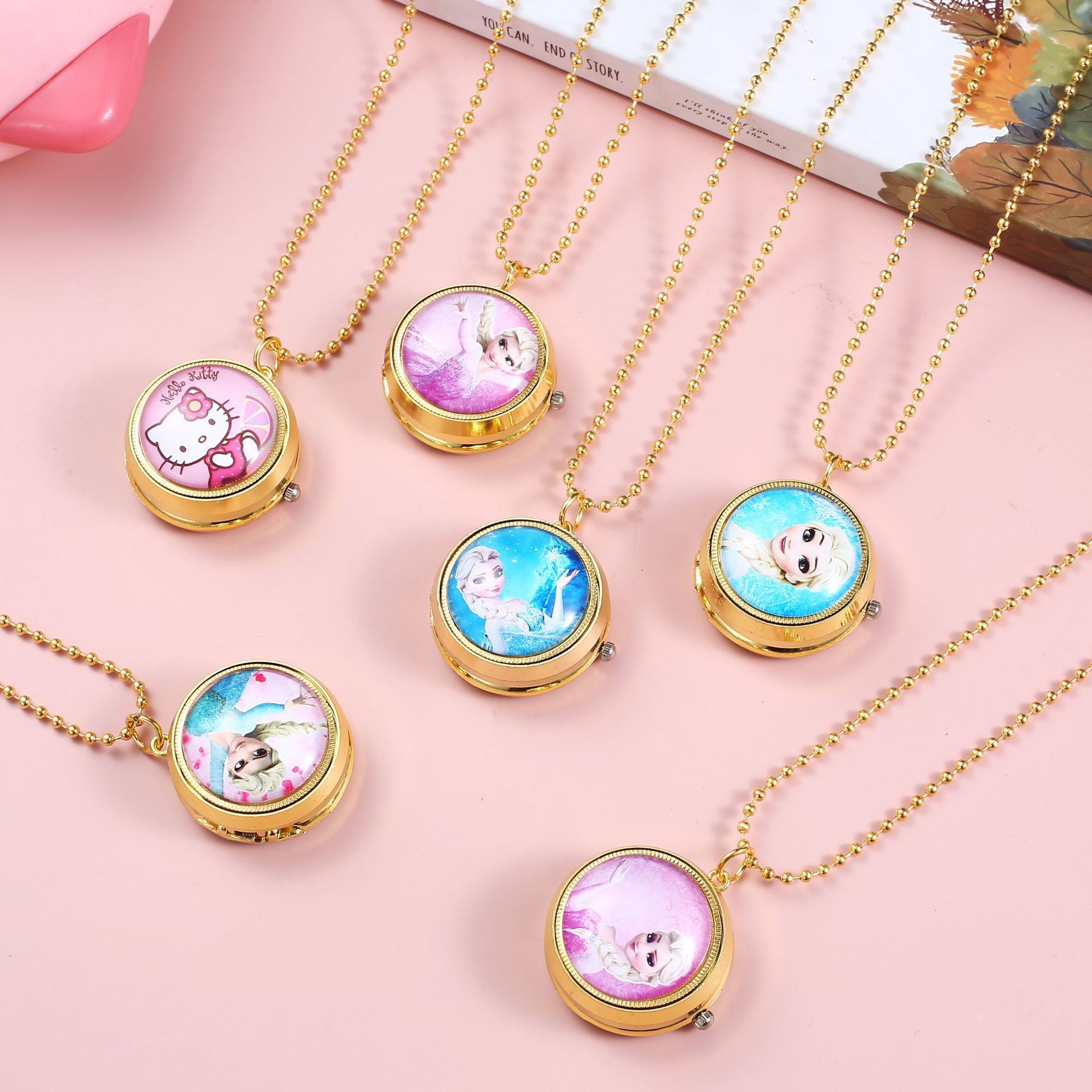 Hot Selling Cartoon Rotating Watch Necklace Watch Kidsren's Pocket Watch Kt Cat Frozen Snow White Gyro Rotating Watch Factory