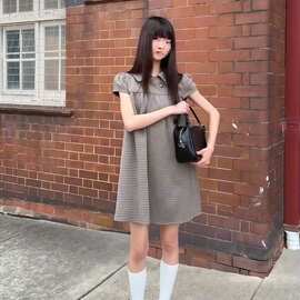 娃娃领美式复古格子短袖宽松洋气连衣裙图片色薄纱修身型有吊牌