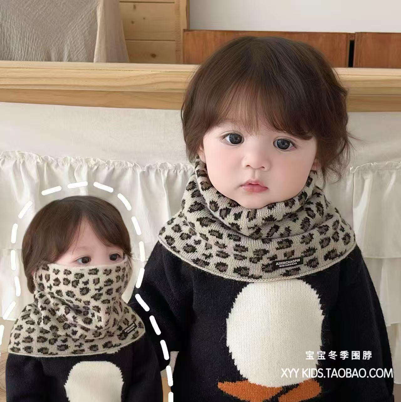 Bufandas para niños coreanos con estampado de leopardo colgando orejas de punto de invierno caliente para hombres y mujeres bebés cuello de lana caliente a prueba de viento