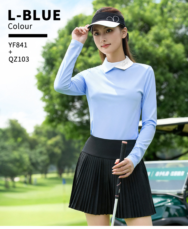 Áo lớp lót golf nữ tay dài cổ phối màu, thoáng khí thấm mồ hôi — Tay áo dài màu xanh nhạt [thoáng khí và thấm mồ hôi/dây kéo sau/cổ áo chặn màu bất đối xứng] YF841 chi tiết 16