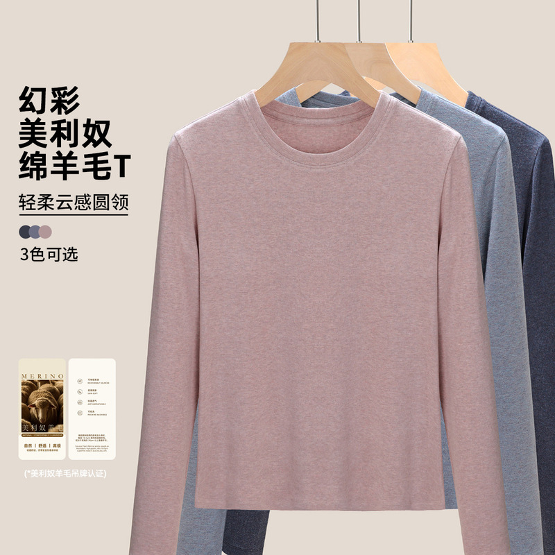 2026 Autumn New Style Iridescent Merino Wool Mousse Shirt New Women's T-Shirt Simple Round Neck Regular Shoulder Base Shirt