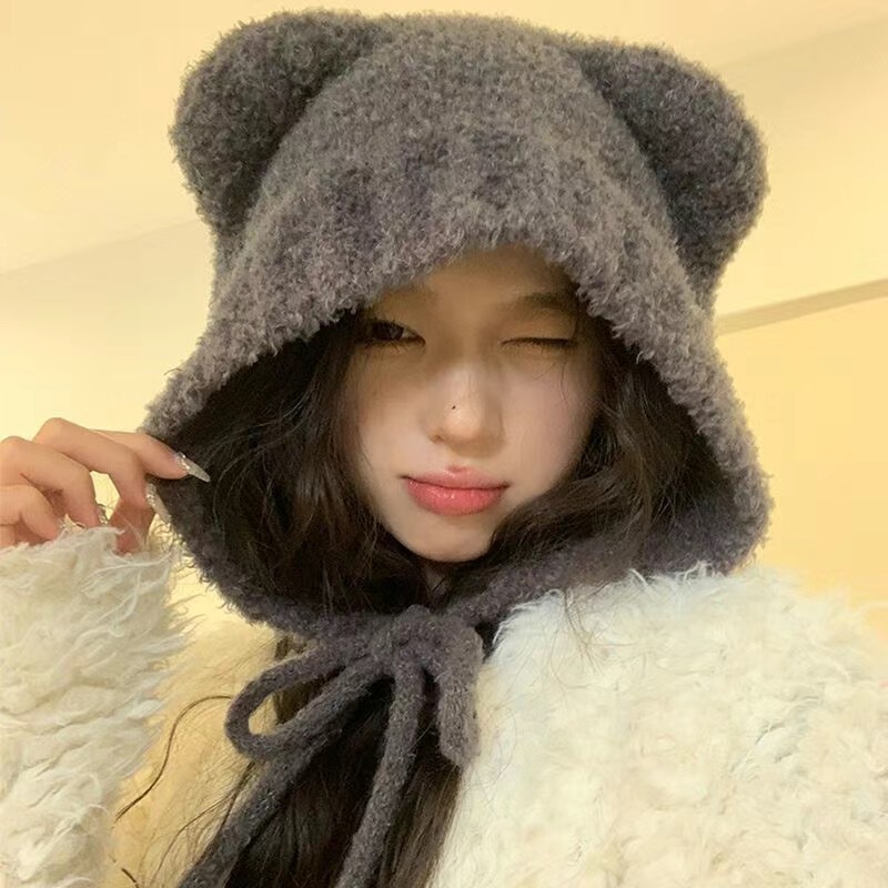 クマのニット帽、かわいいウールのぬいぐるみ、女性の秋冬の万能韓国版、暖かいぬいぐるみ、大きな頭囲、小さな顔|undefined