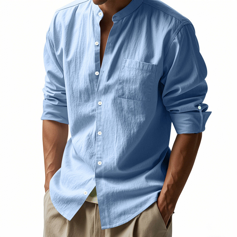 Herren Leinenhemd Mit Stehkragen Für Einen Smarten Freizeit Look_voghion.com
