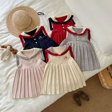 女童新品秋季学院风针织连衣裙儿童宝宝韩版海军领拼色毛衣背心裙