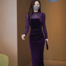 新款金丝绒连衣裙女秋冬装收腰时尚气质修身显瘦开叉网纱包臀长裙