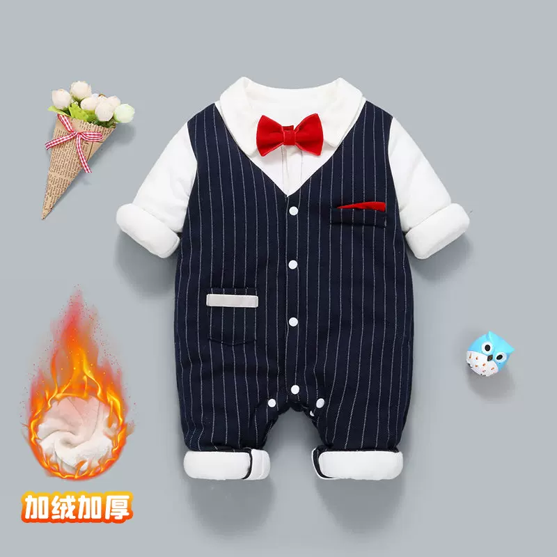 婴儿连体衣秋冬季超洋气男宝宝衣服加绒加厚保暖衣拜年棉服外出服