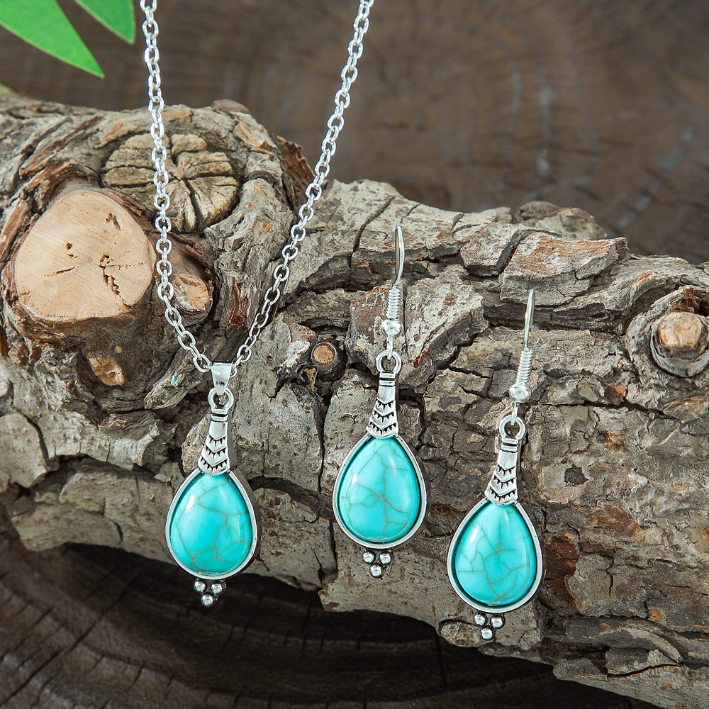 European and American turquoise Diamond retro National style hollow flower earrings necklace earrings jewelry set women's AliExpress supply