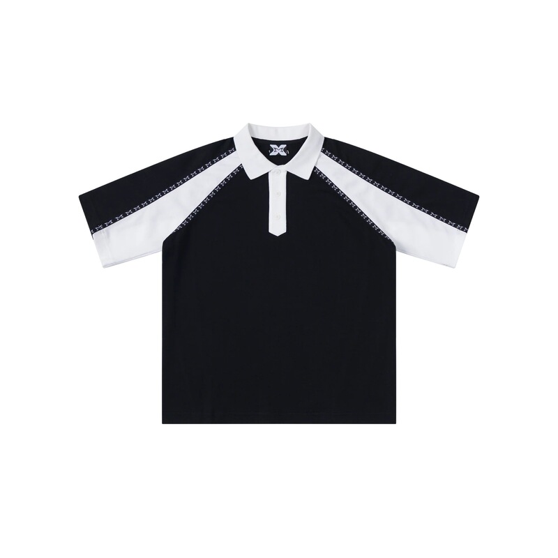 Retro Sports Style Black and White Patchwork Polo Short-Sleeved Tape Raglan Loose Lapel Shirt for Male and Female Students Casual Tops Retro Sports Style Black and White Patchwork Polo Short-Sleeved Tape Raglan Loose Lapel Shirt for Male and Female Students Casual Tops
