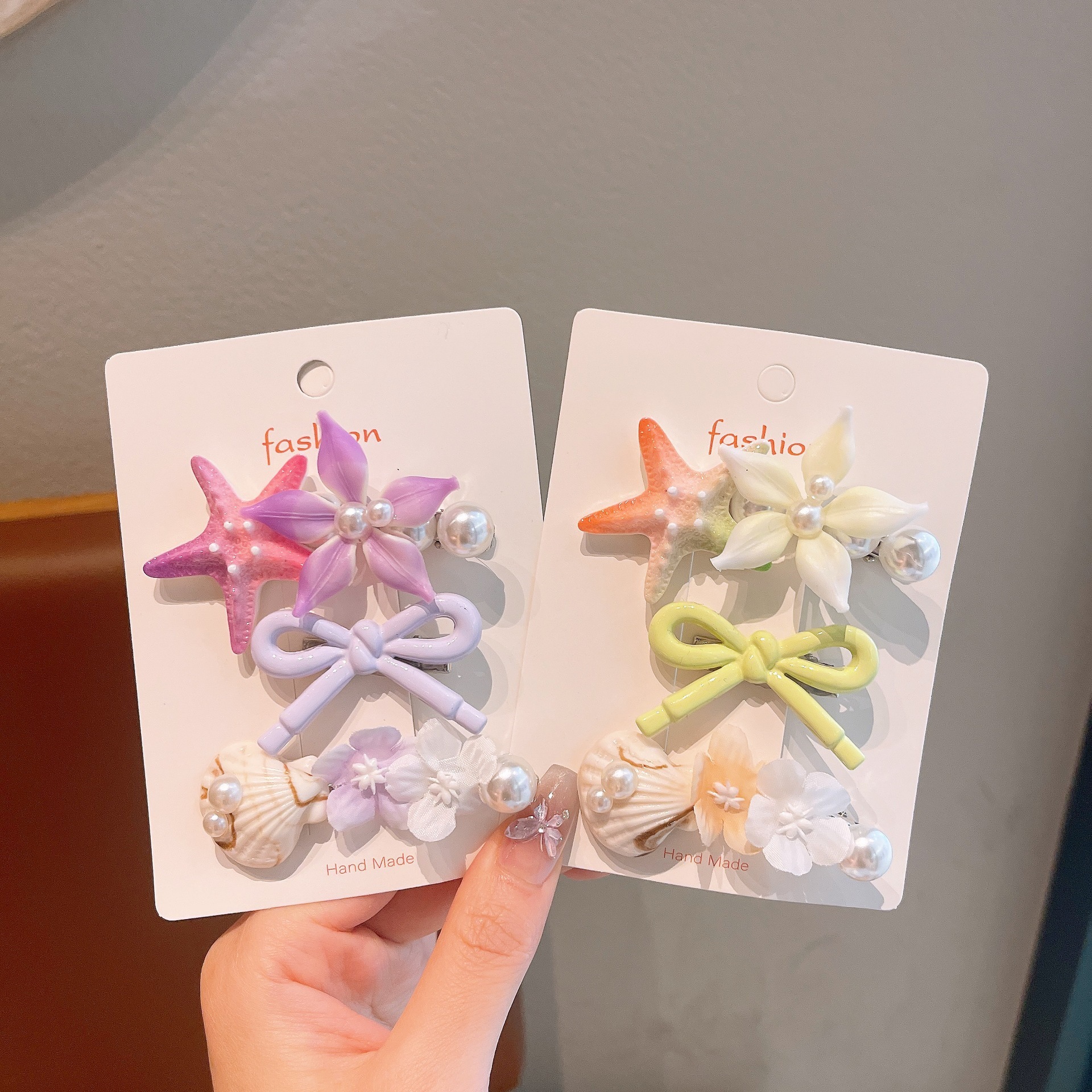 Nuevo adorable adornamiento para el cabello de niños estrella de mar conchas de perlas clips para el cabello de mujeres gradiente estereoscópico flores pequeñas toque de cabeza para niños