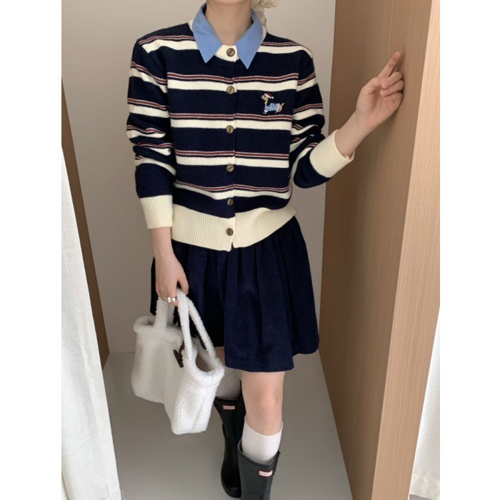 Super Cute Early Autumn New Striped Color-Block Embroidered Dachshund Puppy Knit Cardigan, Preppy Style Simple Knitwear