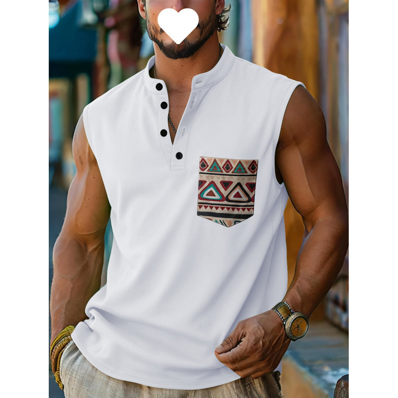 European and American cross-border summer men's sleeveless T-shirt with pockets and button collar, casual top, men's sports T-shirt European and American cross-border summer men's sleeveless T-shirt with pockets and button collar, casual top, men's sports T-shirt