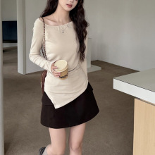 早秋季斜肩T恤高级感修身打底衫开叉不规则亚马逊欧美风跨境上衣